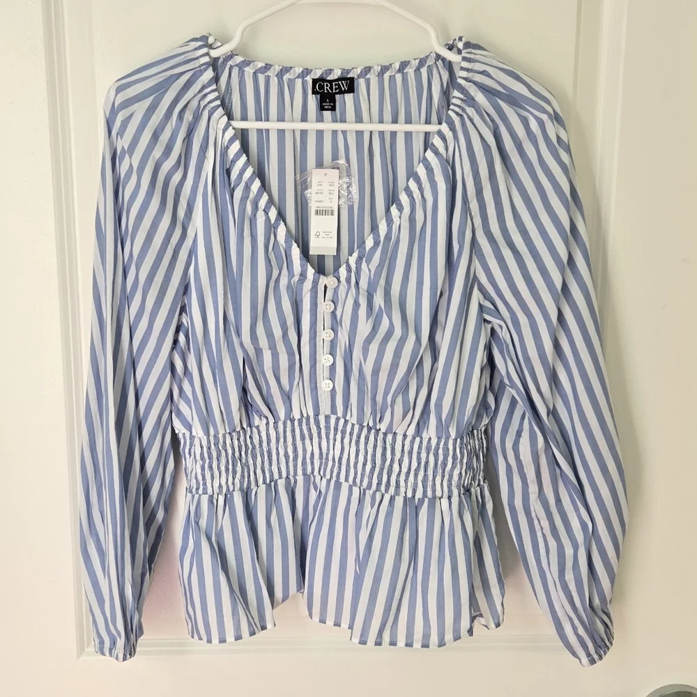 NWT J.Crew V-Neck Smocked Waist Striped Top Sz S - Picture 2 of 14